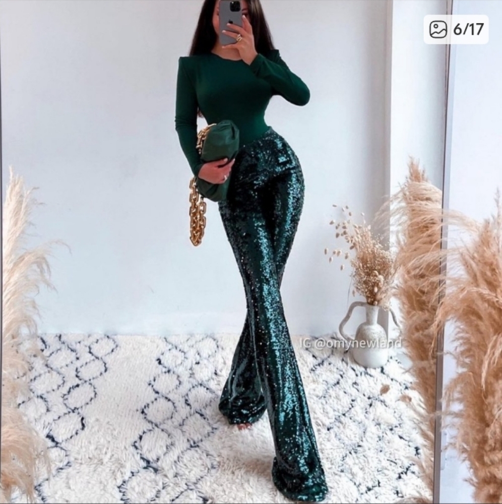 ZARA BLOGGER FAVE Emerald Green Sequin Flare Leg Pants Holiday Party Pants